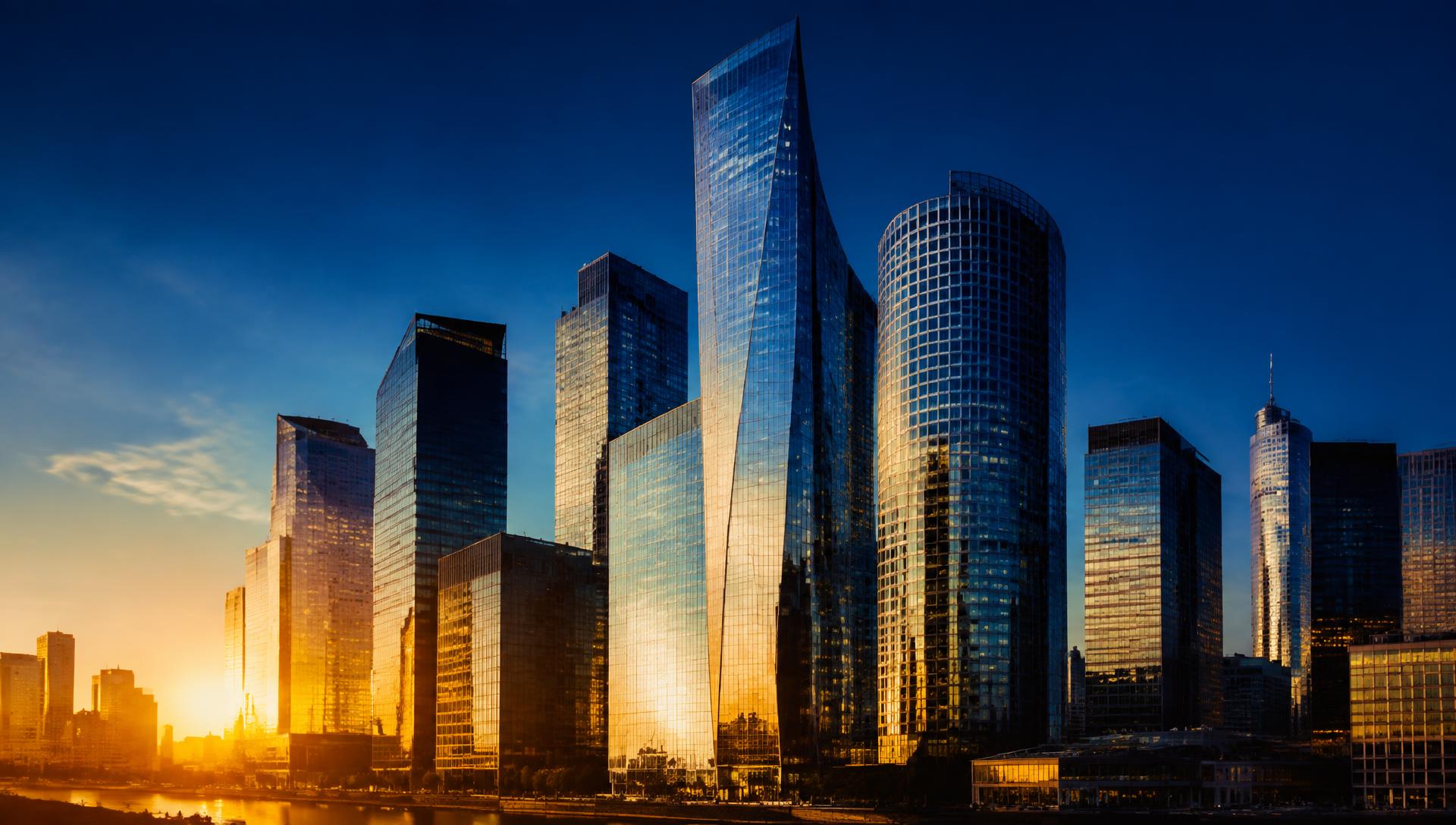 Financial district skyline at golden hour